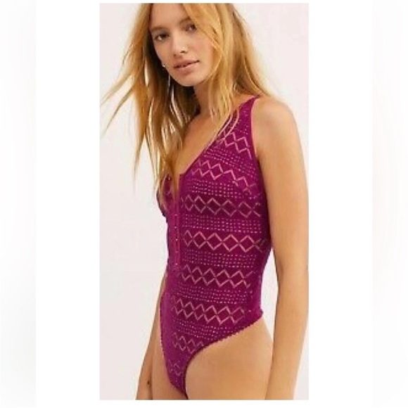 Free People Other - New Intimately Free People Thank You Never Lace Thong Bodysuit Magenta Size XS